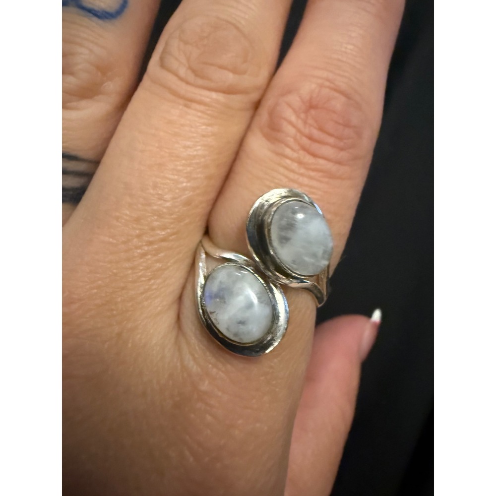 Sterling Silver 925 Double Moonstone Bypass Ring Size 8.5 Oval Cabochon Boho